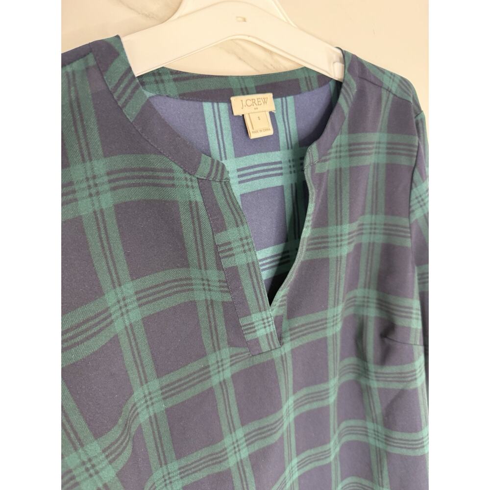 J.CREW Blouse Top XXS Green & Navy Tartan Plaid V Neck 3/4 Bell Sleeves Preppy - Picture 4 of 7